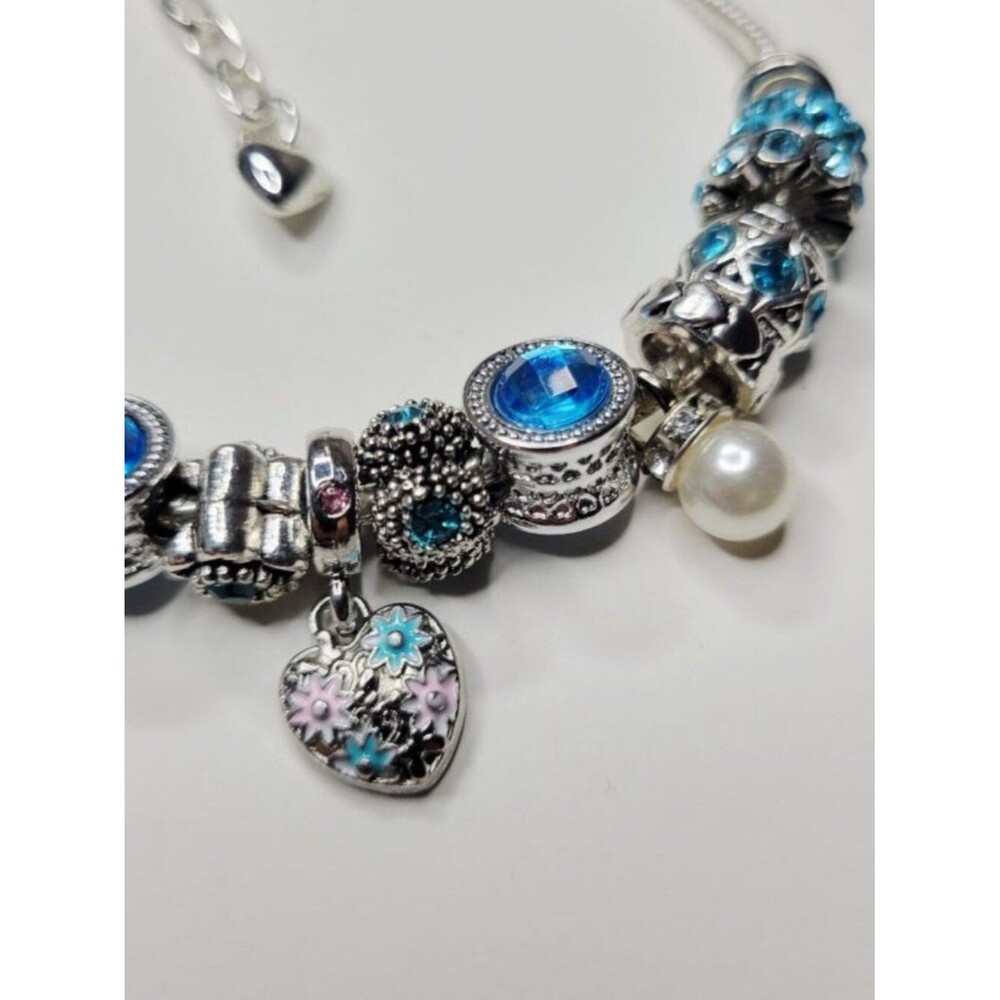 Pandora Style Silver Color Charm Bracelet Pastel Heart Dangle Rhinestones XL - Picture 2 of 6